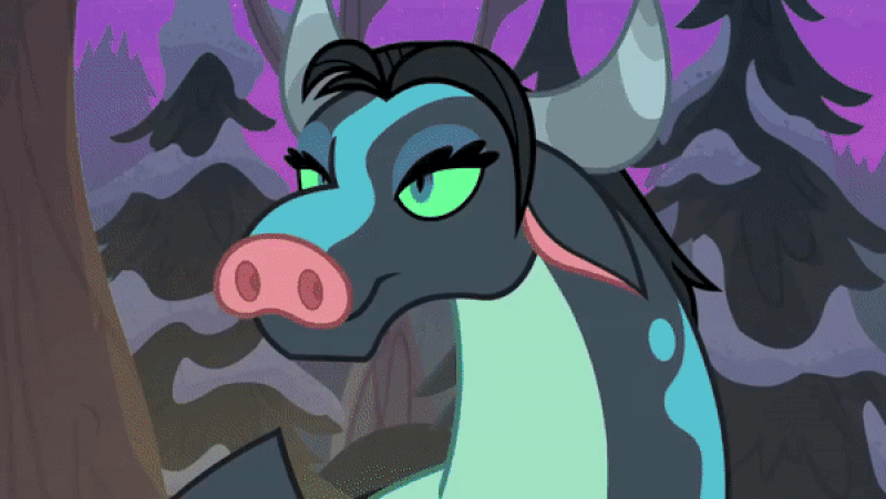 Size: 800x451 | Tagged: safe, screencap, character:queen chrysalis, episode:frenemies, g4, my little pony: friendship is magic, :t, animated, aroused, bedroom eyes, blep, blinking, cloven hooves, colored sclera, disguise, disguised changeling, eye contact, eyelashes, fangs, female, flirting, floppy ears, forked tongue, frown, green sclera, heart, heart eyes, horns, in love, lidded eyes, looking at each other, male, night, open mouth, ophiotaurus, seduction, shocked, smiling, snow, stupid sexy chrysalis, tongue out, tree, wide eyes, wingding eyes, you know for kids