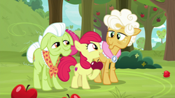 Size: 1920x1080 | Tagged: safe, screencap, character:apple bloom, character:goldie delicious, character:granny smith, episode:going to seed, g4, my little pony: friendship is magic, apple, apple tree, food, tree