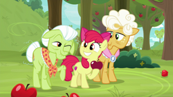 Size: 1280x720 | Tagged: safe, screencap, character:apple bloom, character:goldie delicious, character:granny smith, episode:going to seed, g4, my little pony: friendship is magic, apple, apple tree, food, one eye closed, tree, wink