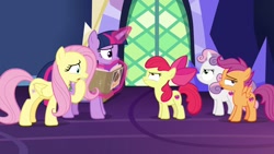 Size: 1920x1080 | Tagged: safe, screencap, character:apple bloom, character:fluttershy, character:scootaloo, character:sweetie belle, character:twilight sparkle, character:twilight sparkle (alicorn), species:alicorn, species:pegasus, species:pony, episode:growing up is hard to do, g4, my little pony: friendship is magic, biting, book, cutie mark crusaders, hoof biting, magic