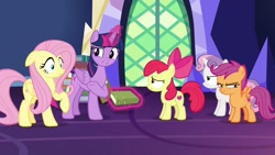 Size: 1920x1080 | Tagged: safe, screencap, character:apple bloom, character:fluttershy, character:scootaloo, character:sweetie belle, character:twilight sparkle, character:twilight sparkle (alicorn), species:alicorn, species:pegasus, species:pony, episode:growing up is hard to do, g4, my little pony: friendship is magic, book, cutie mark crusaders, magic