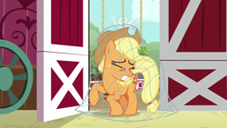 Size: 1280x720 | Tagged: safe, screencap, character:applejack, species:earth pony, species:pony, episode:going to seed, g4, my little pony: friendship is magic, eyes closed, female, freckles, mare, net, solo