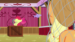 Size: 1280x720 | Tagged: safe, screencap, character:apple bloom, character:applejack, species:pony, episode:going to seed, g4, my little pony: friendship is magic, net, shark, toy