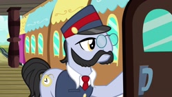 Size: 1920x1080 | Tagged: safe, screencap, character:all aboard, species:pony, episode:growing up is hard to do, g4, my little pony: friendship is magic, climb aboard, facial hair, gravy train, moustache, solo, train