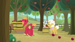Size: 1280x720 | Tagged: safe, screencap, character:big mcintosh, character:goldie delicious, episode:going to seed, g4, my little pony: friendship is magic, apple, apple tree, barrel, cat, fence, food, tree