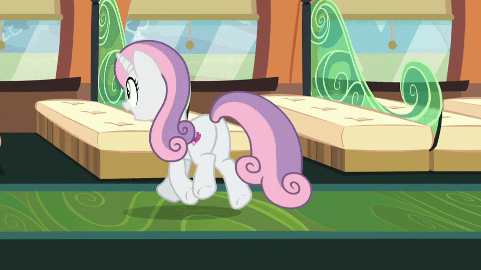Size: 960x540 | Tagged: safe, screencap, character:caesar, character:sweetie belle, species:pony, episode:growing up is hard to do, g4, my little pony: friendship is magic, accessory theft, animated, being big is all it takes, bipedal, cane, clothing, cutie mark, dancing, friendship express, gif, hat, older, older sweetie belle, singing, the cmc's cutie marks, top hat, train