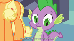 Size: 848x471 | Tagged: safe, screencap, character:applejack, character:spike, species:dragon, species:earth pony, species:pony, episode:spike at your service, g4, my little pony: friendship is magic, female, male, mare, youtube caption
