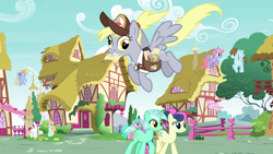 Size: 1920x1080 | Tagged: safe, screencap, character:aquamarine, character:bon bon, character:chip mint, character:derpy hooves, character:first base, character:lyra heartstrings, character:peach fuzz, character:rain catcher, character:sweetie drops, species:earth pony, species:pegasus, species:pony, species:unicorn, episode:the last problem, g4, my little pony: friendship is magic, alternate hairstyle, background pony, blancmange, clothing, female, flying, hat, lavender lily, little red, mailmare, mare, older, older aquamarine, older bon bon, older derpy hooves, older first base, older little red, older lyra heartstrings, older peach fuzz, ponyville, saddle bag, shirt, uniform