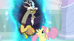 Size: 1920x1080 | Tagged: safe, screencap, character:discord, character:fluttershy, episode:the last problem, g4, my little pony: friendship is magic, duo, lunch bag, older, older fluttershy, paper bag, portal