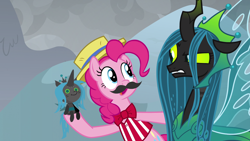 Size: 1920x1080 | Tagged: safe, screencap, character:pinkie pie, character:queen chrysalis, species:earth pony, species:pony, episode:the ending of the end, g4, my little pony: friendship is magic, bow tie, clothing, cute, doll, duo, fake moustache, fangs, female, final battle, former queen chrysalis, glare, hat, irritated, looking at each other, mare, pinkie being pinkie, plushie, raised eyebrow, smiling, toy, ultimate chrysalis