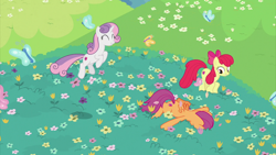 Size: 2000x1124 | Tagged: safe, screencap, character:apple bloom, character:scootaloo, character:sweetie belle, species:earth pony, species:pegasus, species:pony, species:unicorn, episode:growing up is hard to do, g4, my little pony: friendship is magic, being big is all it takes, butterfly, cutie mark, cutie mark crusaders, eyes closed, face down, faceplant, female, flower, frolicking, insect, leaping, mare, meadow, older, older apple bloom, older cmc, older scootaloo, older sweetie belle, the cmc's cutie marks