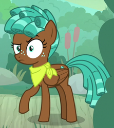 Size: 522x587 | Tagged: safe, screencap, character:spur, species:pegasus, species:pony, episode:growing up is hard to do, g4, my little pony: friendship is magic, bandana, cropped, female, raised eyebrow, raised hoof, ringlets, solo, teenager