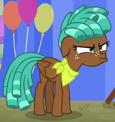 Size: 442x468 | Tagged: safe, screencap, character:spur, species:pegasus, species:pony, episode:growing up is hard to do, g4, my little pony: friendship is magic, balloon, bandana, cropped, faec, female, pouting, ringlets, solo, teenager