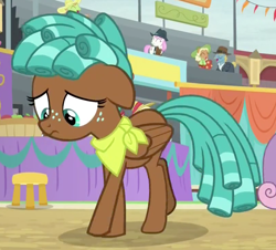 Size: 1212x1094 | Tagged: safe, screencap, character:spur, species:pegasus, species:pony, episode:growing up is hard to do, g4, my little pony: friendship is magic, background pony, bandana, cropped, female, ringlets, sad, solo focus, teenager, unnamed pony