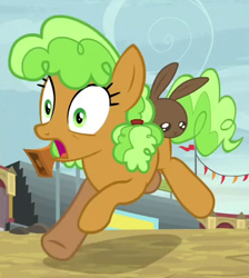 Size: 359x401 | Tagged: safe, screencap, character:apple brown betty, species:earth pony, species:pony, species:rabbit, episode:growing up is hard to do, g4, my little pony: friendship is magic, animal, apple family member, background pony, cropped, duo, female, mare, running away, scared
