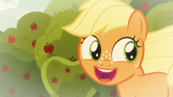 Size: 1920x1080 | Tagged: safe, screencap, character:applejack, species:earth pony, species:pony, episode:going to seed, g4, my little pony: friendship is magic, apple, apple tree, female, filly, filly applejack, freckles, happy, open mouth, smiling, solo, tree, younger