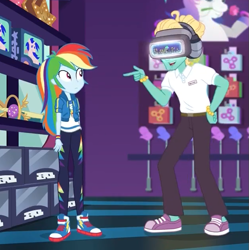 Size: 627x630 | Tagged: safe, screencap, character:rainbow dash, character:zephyr breeze, equestria girls:holidays unwrapped, g4, my little pony:equestria girls, clothing, cropped, dashing through the mall, female, geode of super speed, magical geodes, male, no socks, pants, shoes, smiling, sneakers, toy, vr headset