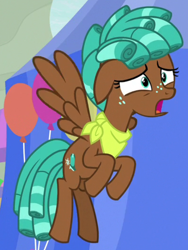 Size: 790x1048 | Tagged: safe, screencap, character:spur, species:pegasus, species:pony, episode:growing up is hard to do, g4, my little pony: friendship is magic, bandana, cropped, female, flying, ringlets, solo, teenager