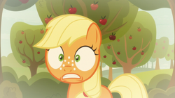 Size: 1280x720 | Tagged: safe, screencap, character:applejack, species:earth pony, species:pony, episode:going to seed, g4, my little pony: friendship is magic, apple, apple tree, female, filly, filly applejack, freckles, solo, tree, younger