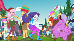 Size: 1920x1080 | Tagged: safe, screencap, character:bon bon, character:curly winds, character:rarity, character:sweetie drops, character:wiz kid, species:dog, episode:lost and pound, g4, my little pony:equestria girls, alizarin bubblegum, backwards ballcap, bandana, baseball cap, boots, cap, chase, clothing, curly winds, female, food, food truck, fry lilac, glasses, hat, hiking boots, hunter hedge, kneesocks, lost and pound: rarity, male, marshmelodrama, mud, muddy, no socks, outdoors, panama hat, peppermint azure, princess thunder guts, puppy, rarity being rarity, raspberry lilac, scared, shoes, snow flower, socks, some blue guy, sunglasses, sushi, sushi cone, track starr, wiz kid