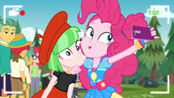 Size: 1920x1080 | Tagged: safe, screencap, character:drama letter, character:flash sentry, character:photo finish, character:pinkie pie, character:snails, character:watermelody, episode:five lines you need to stand in, g4, my little pony:equestria girls, alizarin bubblegum, background human, beret, cellphone, clothing, crimson napalm, cute, diapinkes, female, geode of sugar bombs, guy grove, hat, hunter hedge, magical geodes, male, outdoors, panama hat, phone, recording, selfie, selfie drone, smartphone, squishy cheeks, video camera