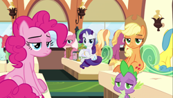 Size: 1366x768 | Tagged: safe, screencap, character:amber grain, character:applejack, character:ballet jubilee, character:fuchsia frost, character:lemon hearts, character:pinkie pie, character:rarity, character:spike, species:dragon, species:earth pony, species:pony, species:unicorn, episode:the last problem, g4, my little pony: friendship is magic, applejack's hat, background pony, bird cage, clothing, cowboy hat, cutie mark, female, fire flicker, friendship express, friendship student, hat, male, mare, sitting, train, winged spike