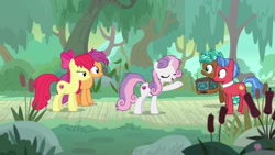 Size: 1920x1080 | Tagged: safe, screencap, character:apple bloom, character:biscuit, character:scootaloo, character:spur, character:sweetie belle, species:pegasus, species:pony, episode:growing up is hard to do, g4, my little pony: friendship is magic, box, cutie mark crusaders, messy mane, older, reed