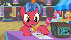 Size: 1920x1080 | Tagged: safe, screencap, character:biscuit, character:cup cake, species:earth pony, species:pony, episode:growing up is hard to do, g4, my little pony: friendship is magic, background pony, culinary art (character), female, male, mare, mouth hold, mr. food, pencil, stallion, unnamed pony