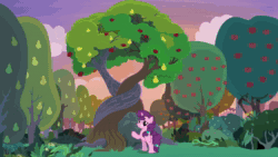 Size: 1920x1080 | Tagged: safe, screencap, character:big mcintosh, character:sugar belle, species:earth pony, species:pony, species:unicorn, episode:the big mac question, g4, my little pony: friendship is magic, animated, apple, apple tree, bush, freckles, grass, holding hooves, hug, intertwined trees, looking at each other, pear tree, rock, smiling, sound, talking, tree, webm
