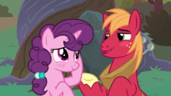 Size: 1920x1080 | Tagged: safe, screencap, character:big mcintosh, character:sugar belle, species:earth pony, species:pony, species:unicorn, episode:the big mac question, g4, my little pony: friendship is magic, animated, blushing, carving, cute, eeyup, engagement ring, freckles, holding hooves, jewelry, looking at each other, marriage proposal, necklace, ring, rock, smiling, sound, talking, webm
