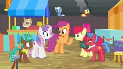 Size: 1920x1080 | Tagged: safe, screencap, character:apple bloom, character:bandana baldwin, character:biscuit, character:high stakes, character:pokey pierce, character:scootaloo, character:spur, character:sweetie belle, species:earth pony, species:pegasus, species:pony, species:unicorn, episode:growing up is hard to do, g4, my little pony: friendship is magic, animation error, background pony, box, colt, culinary art (character), cutie mark crusaders, female, filly, male, mare, older, older apple bloom, older cmc, older scootaloo, older sweetie belle, stallion, teenager, wingless