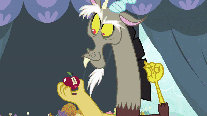 Size: 800x450 | Tagged: safe, screencap, character:discord, character:lily, character:lily valley, species:draconequus, episode:the big mac question, g4, my little pony: friendship is magic, animated, apple, arms, bad apple, bucket, chaos magic, food, food stand, gif, it's alive!, legs, living apple, magic, ponyville, smiling, teleportation