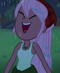 Size: 886x1080 | Tagged: safe, screencap, episode:let it rain, g4, my little pony:equestria girls, bandana, clothing, cropped, female, happy, night, open mouth, outdoors, rain, raspberry lilac, smiling, solo, tank top, wet hair
