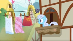 Size: 1677x943 | Tagged: safe, screencap, character:linky, character:shoeshine, species:pony, episode:the big mac question, g4, my little pony: friendship is magic, clothes line, shoeshine's window, solo