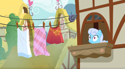 Size: 1680x937 | Tagged: safe, screencap, character:linky, character:shoeshine, species:pony, episode:the big mac question, g4, my little pony: friendship is magic, clothes line, shoeshine's window, solo