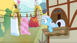 Size: 1675x943 | Tagged: safe, screencap, character:linky, character:shoeshine, species:pony, episode:the big mac question, g4, my little pony: friendship is magic, clothes line, shoeshine's window, solo