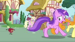 Size: 1680x941 | Tagged: safe, screencap, character:amethyst star, character:carrot top, character:golden harvest, character:millie, character:sparkler, species:earth pony, species:pony, species:unicorn, episode:the big mac question, g4, my little pony: friendship is magic, apple, background pony, female, food, living apple, mare, running, scared, spread arms