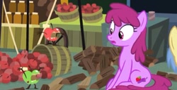 Size: 389x199 | Tagged: safe, screencap, character:berry punch, character:berryshine, character:goldengrape, species:earth pony, species:pony, episode:the big mac question, g4, my little pony: friendship is magic, apple, background pony, cropped, female, food, living apple, mare, solo focus