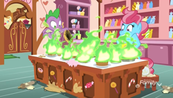 Size: 1920x1080 | Tagged: safe, screencap, character:cup cake, character:spike, species:dragon, species:earth pony, species:pony, episode:the big mac question, g4, my little pony: friendship is magic, cake, dessert, didn't think this through, discovery family logo, dragonfire, female, fire, flying, food, green fire, hooves on cheeks, male, mare, on fire, oops, pie, sugarcube corner, this ended in fire, uh oh, wide eyes, winged spike