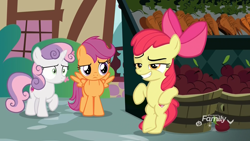 Size: 1920x1080 | Tagged: safe, screencap, character:apple bloom, character:scootaloo, character:sweetie belle, species:earth pony, species:pegasus, species:pony, species:unicorn, episode:the big mac question, g4, my little pony: friendship is magic, apple, basket, bipedal, bipedal leaning, bushel basket, carrot, casual, confused, cutie mark crusaders, fake smile, female, filly, food, forced smile, leaning, market, raised eyebrow, raised hoof, shrunken pupils, smiling, spread wings, wide eyes, wings