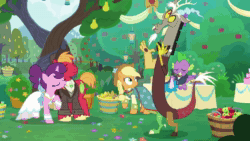 Size: 1920x1080 | Tagged: safe, screencap, character:applejack, character:big mcintosh, character:discord, character:mayor mare, character:spike, character:sugar belle, species:draconequus, species:dragon, species:earth pony, species:pony, species:unicorn, episode:the big mac question, g4, my little pony: friendship is magic, animated, apple, apple tree, bow tie, chaos magic, clothing, decoration, dress, food, freckles, hat, intertwined trees, lamp, living apple, marriage, pear, pear tree, singing, sound, spike is not amused, string, suit, tree, unamused, webm, wedding, wedding dress, winged spike