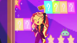 Size: 1920x1080 | Tagged: safe, screencap, character:sunset shimmer, episode:the last drop, g4, my little pony:equestria girls, cellphone, clothing, female, geode of empathy, happy, jacket, magical geodes, phone, smartphone, smiling, solo, the last drop: sunset shimmer
