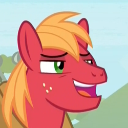 Size: 418x418 | Tagged: safe, screencap, character:big mcintosh, species:earth pony, species:pony, episode:the big mac question, g4, my little pony: friendship is magic, cropped, laughing, leering, lidded eyes, male, open mouth, solo, stallion