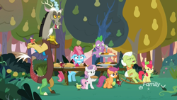 Size: 1920x1080 | Tagged: safe, screencap, character:apple bloom, character:cup cake, character:discord, character:granny smith, character:scootaloo, character:spike, character:sweetie belle, species:dragon, species:earth pony, species:pegasus, species:pony, species:unicorn, episode:the big mac question, g4, my little pony: friendship is magic, bipedal, cookie, cupcake, cutie mark crusaders, dessert, discovery family logo, female, filly, floppy ears, flying, food, living apple, mare, nervous, pear tree, picnic, pie, rocking chair, sleeping, smiling, sweet apple acres, table, tree, winged spike