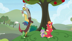 Size: 1600x900 | Tagged: safe, screencap, character:big mcintosh, character:discord, character:spike, species:draconequus, species:dragon, species:earth pony, species:pony, episode:the big mac question, g4, my little pony: friendship is magic, apple, apple tree, crossed hooves, hill, male, stallion, tree, upset, winged spike