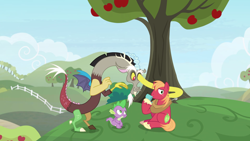 Size: 2020x1136 | Tagged: safe, screencap, character:big mcintosh, character:discord, character:spike, species:draconequus, species:dragon, species:earth pony, species:pony, episode:the big mac question, g4, my little pony: friendship is magic, apple, apple tree, fence, food, male, peeking, ring box, stallion, strange, stretching, tree, trio, weird, winged spike