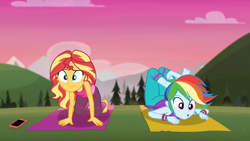 Size: 1920x1080 | Tagged: safe, screencap, character:rainbow dash, character:sunset shimmer, episode:wake up!, g4, my little pony:equestria girls, barefoot, cellphone, clothing, coiled snake, duo, duo female, feet, female, mountain, mountain range, outdoors, pants, phone, smartphone, tank top, wake up!: rainbow dash, yoga, yoga mat, yoga pants, yoga pose