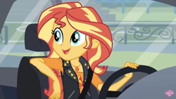 Size: 1200x675 | Tagged: safe, screencap, character:sunset shimmer, episode:driving miss shimmer, g4, my little pony:equestria girls, car, female, solo, watermark