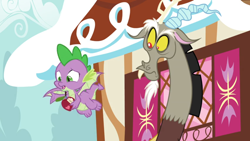 Size: 1600x900 | Tagged: safe, screencap, character:big mcintosh, character:spike, species:dragon, episode:the big mac question, g4, my little pony: friendship is magic, apple, flying, food, message, window, winged spike, worried