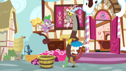 Size: 1600x900 | Tagged: safe, screencap, character:big mcintosh, character:spike, species:dragon, episode:the big mac question, g4, my little pony: friendship is magic, apple, bucket, faucet, flower, flying, food, garden, house, message, open door, ponyville, sugarcube corner, window, winged spike